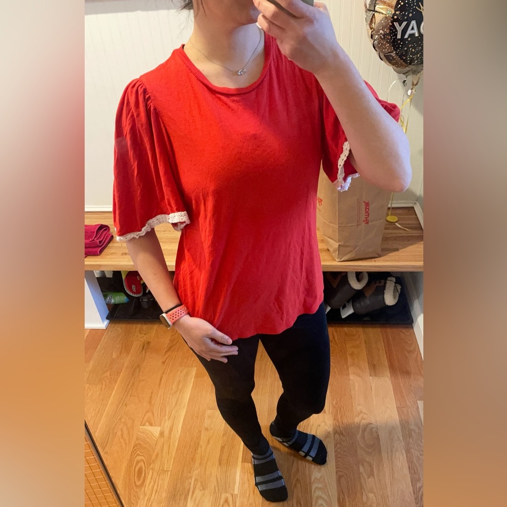 Ralph Lauren Women’s Red Puff Sleeve Tee with Lace Trim